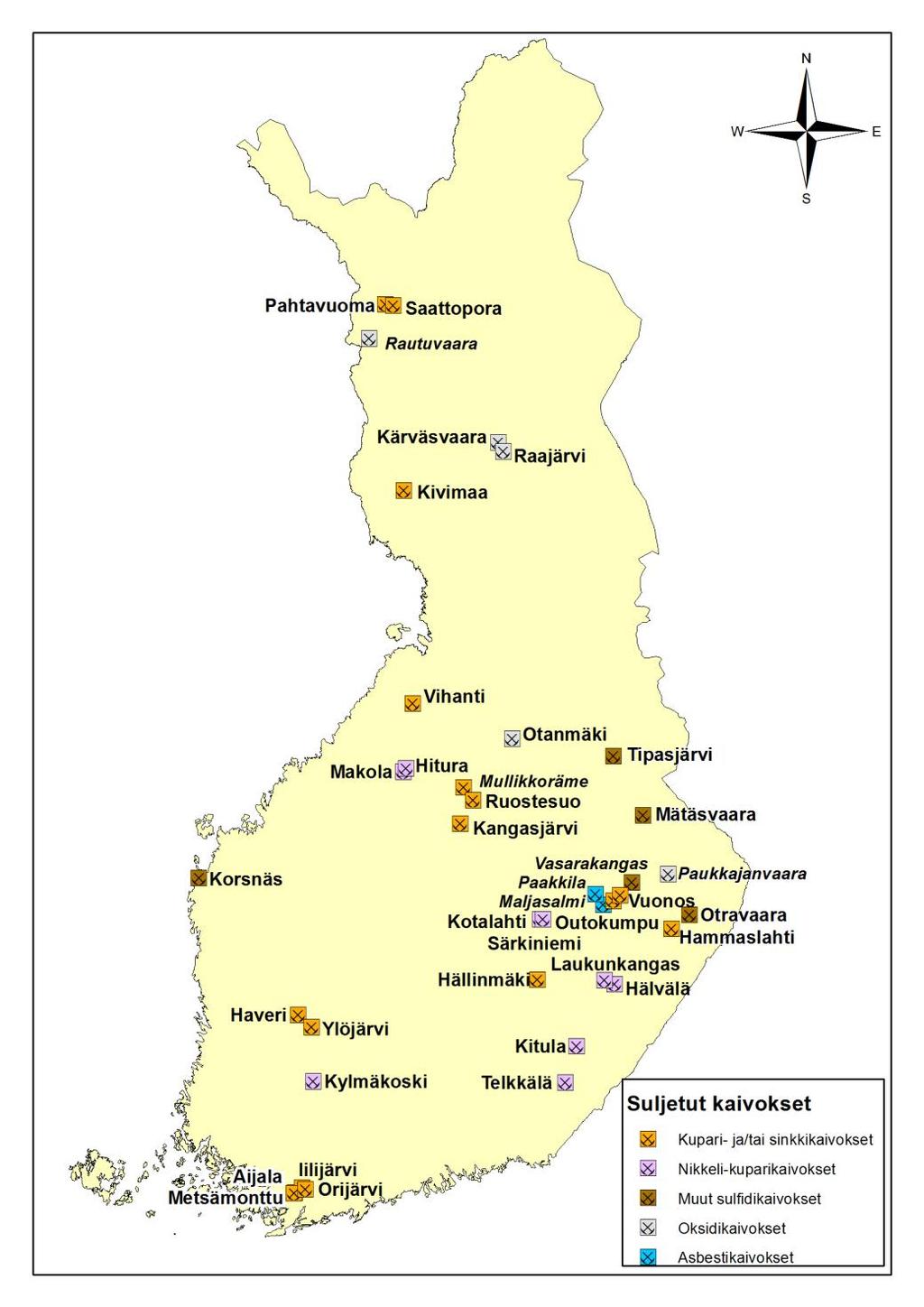 Kursiivilla on merkitty kaivoskohteet, joiden jätealueet on suositeltu poistettavaksi ns.