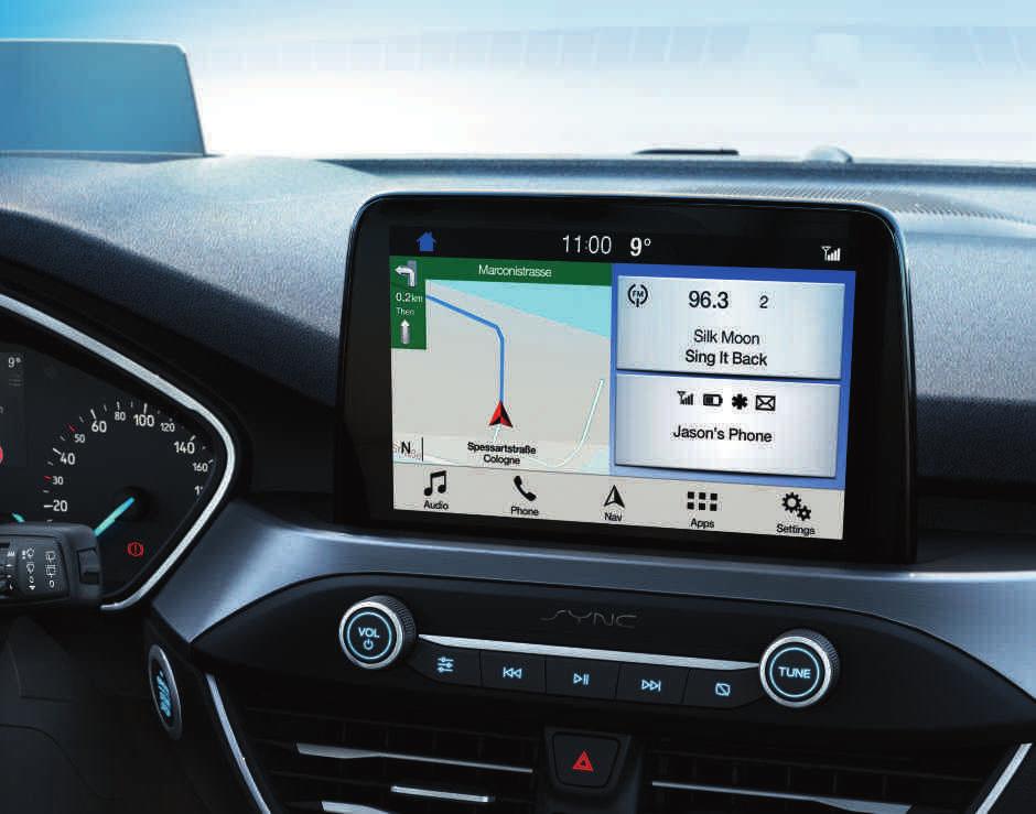 "Soita Jounille" "Kuuntele viesti" "Etsi keskusta" "Tarvitsen polttoainetta" "Etsi pysäköintitalo" "Etsi ravintola" Laadukkaat tietoviihdejärjestelmät Ford SYNC 3 Automatkojen ei tarvitse keskeyttää