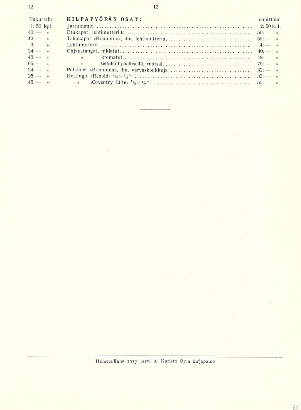 48:.., Tukuttain KILPAPYÖRÄN OSAT: Vähittäin 1:50 kpl. Jarrukumit 2: 50 kpl 40; Etukapat, lehtimutterilla 50: 42: Takakapat Brampton, ilm.