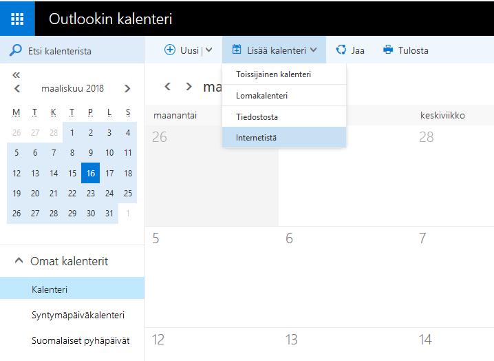 4. Klikkaa kalenterin yläpalkista "Lisää kalenteri" valikko auki, ja valitse vaihtoehto Internetistä. 5. Sivupalkkiin avautuu Kalenteritilaus toiminto.