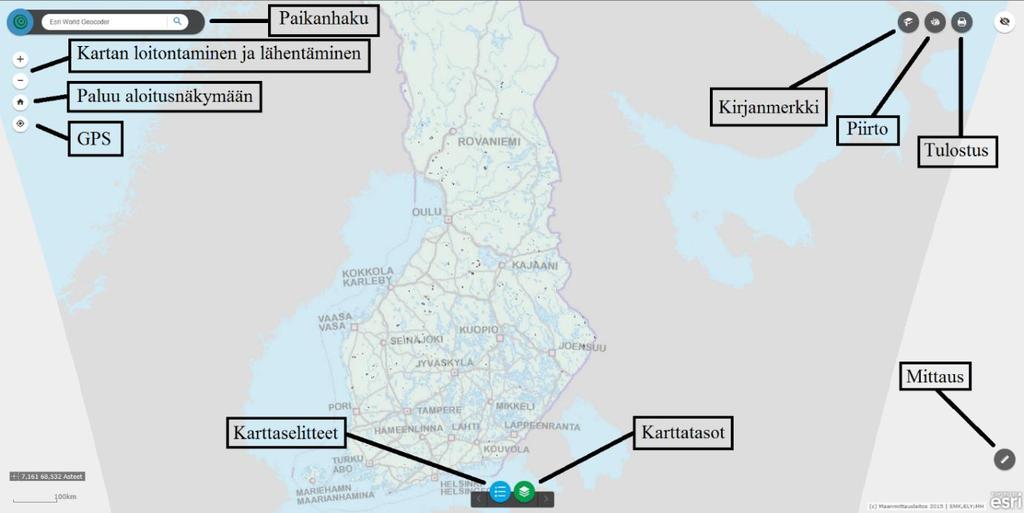 ArcGIS server: http://aineistot.metsakeskus.fi/metsakeskus/rest/services 5.3 Karttapalvelun käyttö Työkalut ja aineistot valitaan laitteesta riippuen, joko hiiren tai kosketusnäytön avulla.