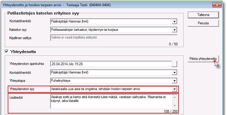 10 / 36 6. YHTEYDENOTTO- JA HOIDON TARPEEN ARVIO -IKKUNA Uuden yhteydenoton saa auki asiakaskortilta ja hoitopuun alareunasta painamalla Kirjaa yhteydenotto. Katso liite Yhteydenoton ja HTA:n tiedot.