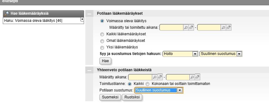 Lääkemääräyksellä, jossa ei ole uusimispyyntöä lääkkeen määrääjällä näkyy myös painike Tee uusimispyyntö, mutta tätä painiketta käyttää vain sairaanhoitaja oikeudella (ereseptin käyttöoikeus) toimiva