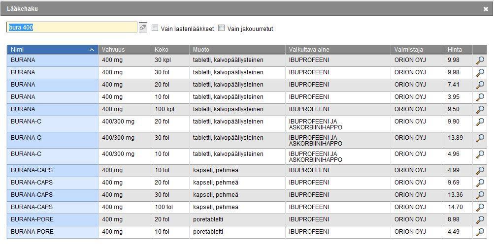 4/18 3.2.2 Lääkehaku Tarkennettuun hakuun pääset viemällä hiiren kursorin lääkehaku kenttään ja painamalla enteriä.