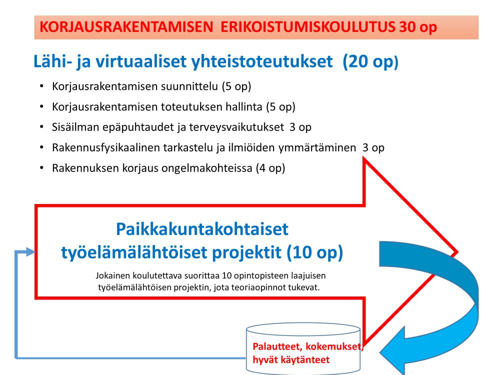 Kuva: Korjausrakentamisen erkon toteutuksen kytkentä työelämälähtöisiin projekteihin.