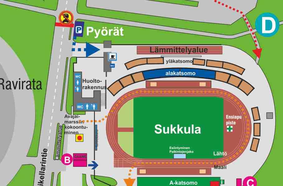 WC 1. WC 1. Huoltorakennus 1. Ty öjen pukuhuone, wc, suikut 2. Poikien pukuhuone, wc, suikut 3. Järjestyksenvalvonta 4.