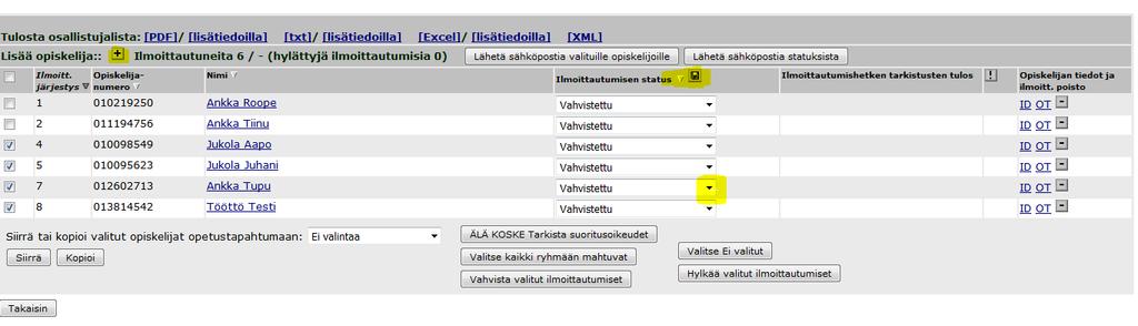 Jos haluat lisätä ilmoittautujalistalle uuden opiskelijan, vahvista opiskelijan status seuraavasti: Paina + nappia ja hae opiskelija Oodin hakutoiminnolla kohdassa Lisää opiskelija.