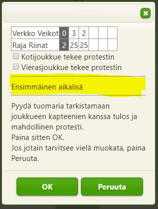 Edellisessä Jatka tarkistukseen painike avaa seuraavan näkymän. Sovellus kertoo tuloksen ja eränumerot. Sen jälkeen halutessaan joukkueet voivat ilmoittaa halukkuutensa protestiin rastituksella.