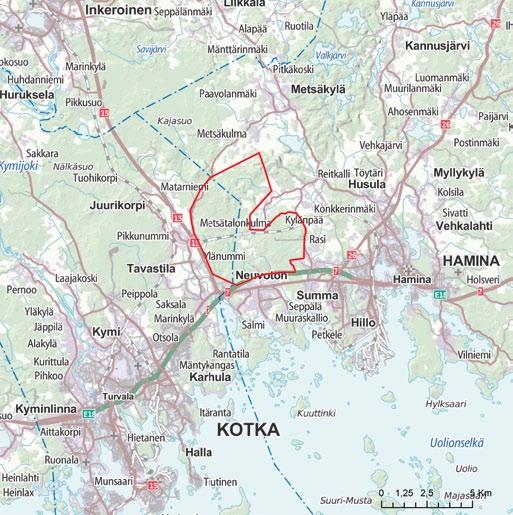 7. Suunnittelualueen nykytila 7.1 Hankkeen sijainti ja nykyinen maankäyttö 7.1.1 Sijainti ja yhdyskuntarakenne Suunnittelualue sijaitsee Kymenlaaksossa Suomenlahden rannikkovyöhykkeellä Kotkan ja Haminan kaupunkien raja-alueella.