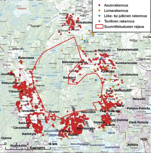 7.2 Asutus 7.2.1 Asuminen ja elinolot Suunnittelualue on pääosin asumaton. Asutuksen sijoittuminen on esitetty kartalla (Kuva 7 8) Suunnittelualueella sijaitsee 17 asuinrakennusta.