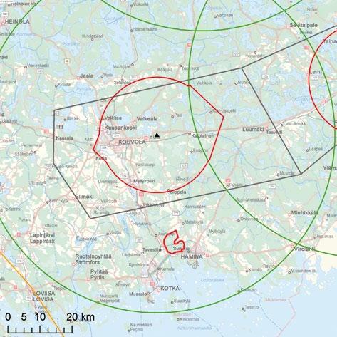7.3.2 Lentoliikenne Suunnittelualue sijoittuu Kouvolan Utin lentokentän minimisektorikorkeusalueelle (MSA), jossa sallittu maksimikorkeus merenpinnasta estealueella on 401 m Kuva 7-10