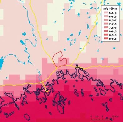 7.4 Luonnonympäristö 7.4.1 Tuulisuus Tietokonemallinnukseen perustuvan Suomen Tuuliatlas (2009)-tuulisuuskartoituksen perusteella tuulen aritmeettinen keskinopeus (m/s) 100 metrin korkeudessa on
