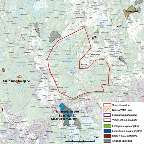Taulukko 2. Suunnittelualueen ympäristössä sijaitsevat Natura-alueet, muut luonnonsuojelualueet ja luonnonsuojeluohjelmiin kuuluvat alueet.