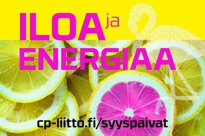 Syyspäiviltä iloa ja energiaa CP-liiton syyspäivät järjestetään 27.-28. lokakuuta Vantaalla, Sokos Hotel Flamingossa. Lauantaina 27.10. tarjoamme vinkkejä elämänilon kasvattamiseen ja ylläpitämiseen.