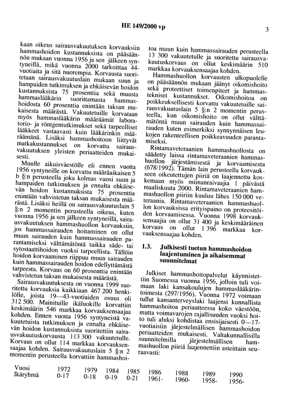 HE 149/2000 vp 3 kaan oikeus sairausvakuutuksen korvauksiin hammashoidon kustannuksista on pääsäännön mukaan vuonna 1956 ja sen jälkeen syntyneillä, mikä vuonna 2000 tarkoittaa 44- vuotiaita ja sitä