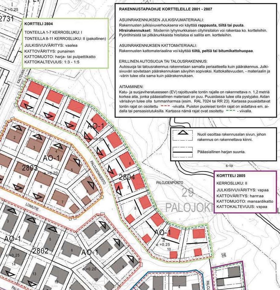 Palojoen varren rakennustapaohjeet Kortteli 2804 Sitovat määräykset Tontit 1-7 kerrosluku I Tontit 8-11 kerrosluku II (pakollinen, korkeuseroista johtuen myös kadunsuuntaan II-kerroksinen