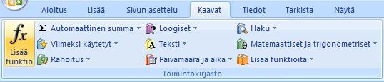 KOULUTUSMONISTE 17 / 40 8.5 Funktiot Ohjelma sisältää suuren joukon funktioita esim. matematiikan, ja rahoituksen alueelta. Funktiot yksinkertaistavat vaativien laskutoimitusten suorittamista.