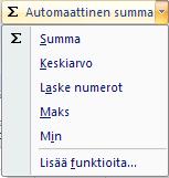 Esimerkkejä =KESKIARVO(A5:C20) (=AVERAGE(A5:C20)) Palauttaa alueella A5:C20 olevien lukujen keskiarvon. =MAKSU(10%;36;40000) Palautta annuiteettilainan maksuerän suuruuden.