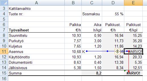 Jäljitä seuraajat näyttää missä soluissa valitun solun tietoja käytetään. Poista nuolet poistaa esillä olevat nuolet.