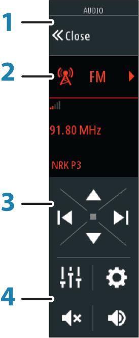 1 Audio-ohjain 2 Audiolähde 3 Audio-ohjaimen painikkeet 4 Audio-ohjaimen työkalut Äänentoistojärjestelmän käyttö 1. Voit avata audio-ohjaimen valitsemalla hallintapalkin kohdan Audio. 2. Valitse audiolähteen painike ja valitse sitten audiolähde.