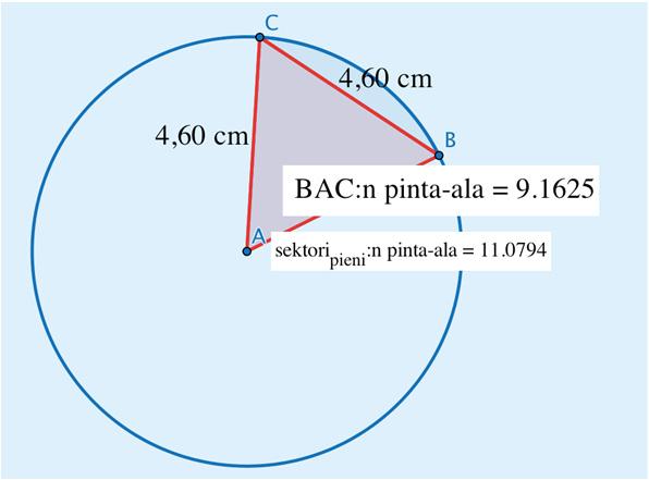Määritetään sektorin ja kolmion pinta-alat pintaalatyökalulla. Jänteen erottaman pienemmän segmentin pinta-ala on sektorin ja kolmion pinta-alojen erotus.