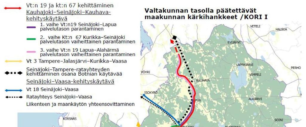 Etelä-Pohjanmaan maakunnan liikenteen kärkihankkeet Maakuntarajat ylittävät väylähankkeet: Päätieverkon 1.