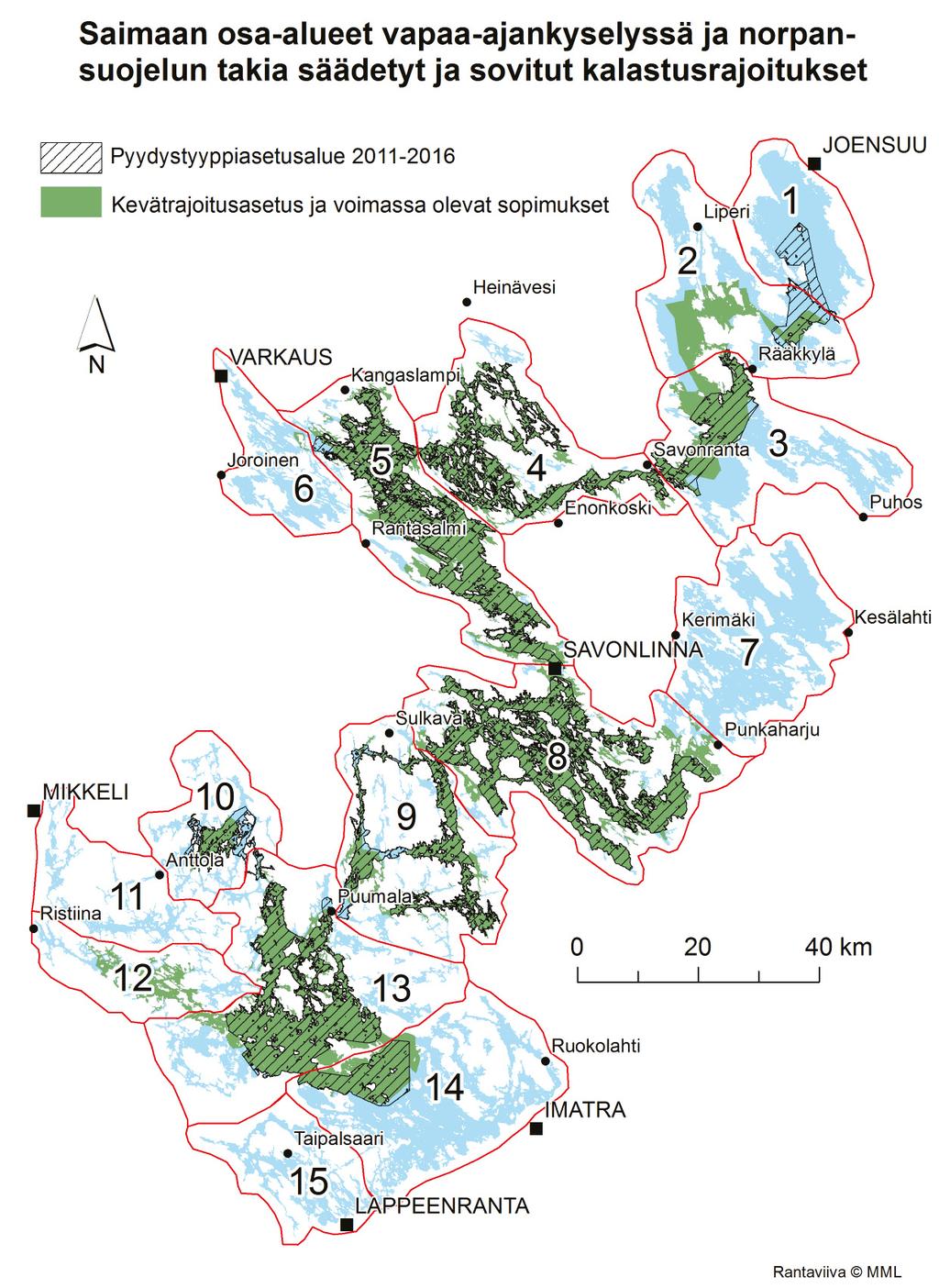 Kuva 1. Kyselykautena (15.4.214 14.4.215) voimassa olleet norpansuojelun takia säädetyt ja sovitut kalastusrajoitukset sekä kalastuskyselyssä käytetty Saimaan osa-aluejako.