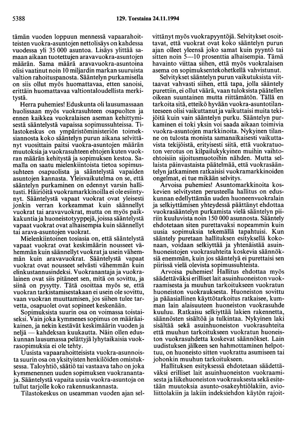 5388 129. Torstaina 24.11.1994 tämän vuoden loppuun mennessä vapaarahoitteisten vuokra-asuntojen nettolisäys on kahdessa vuodessa yli 35 000 asuntoa.