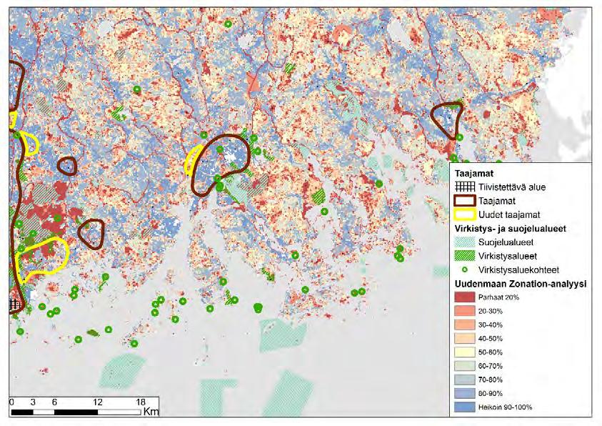 Kuva 3.5. Porvoossa ekologisesti korkeimman prioriteetin alueet keskittyvät Porvoonjoen varrelle ja suistoon.