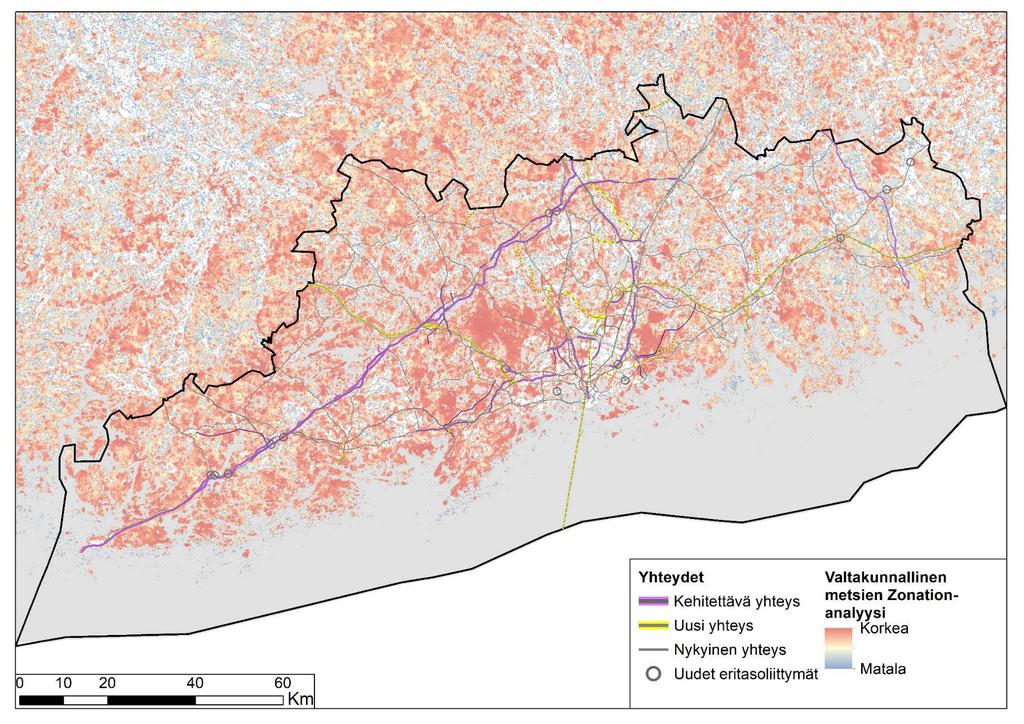 Kuva 4.2. Vertailu valtakunnallisen metsä-zonation analyysin tuloksiin Uudellamaalla (Mikkonen ym. 2018).