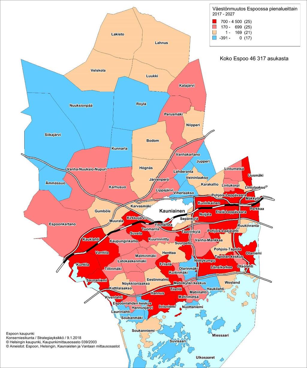 Pienalueista eniten kasvavat Suurpelto 4 400, Niittykumpu 3 000, Perkkaa 2 500, Saunaniemi 2 500,