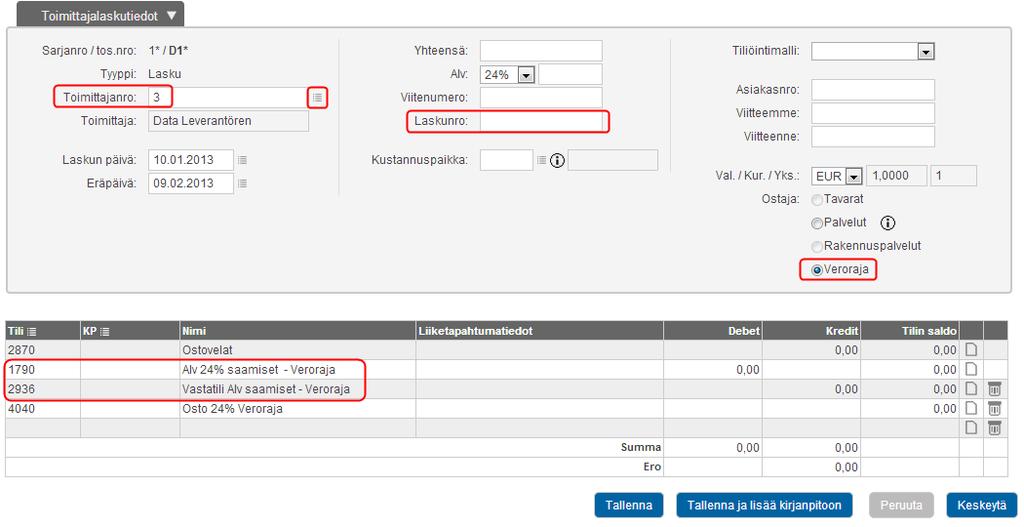Ostolaskun luominen Kohdassa Kirjanpito Ostolaskut Uusi lasku voit luoda ostolaskusi. - Valitse tavarantoimittaja valintapainikkeella tai kirjoita toimittajanumero suoraan kenttään.