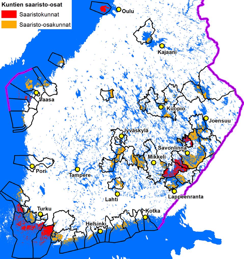 SAARISTOPOLITIIKAN ARVIOINTI Vuonna 2018 valtioneuvoston nimeämiä saaristo-osakuntia on 40: Asikkala, Espoo, Helsinki, Hirvensalmi, Inkoo, Joutsa, Juuka, Jyväskylä, Kaarina, Kirkkonummi, Kitee,