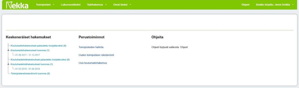 3 Etusivun toiminnot Kuva 2. Nekka-asiointipalvelun etusivu. Kun asiakasrekisteröintihakemuksesi on hyväksytty, seuraavalla kirjautumiskerralla pääset Nekkaasiointipalvelun etusivulle.