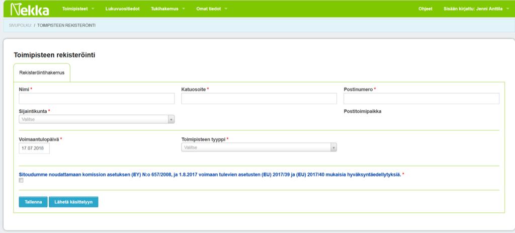 Kuva 3. Toimipisteen rekisteröinti. * = pakolliset kentät. Täytä pakolliset kentät ja merkitse rasti tukiehtoihin sitoutumiseen.