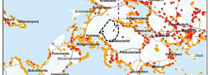 Tuulipuiston rajaus mustalla katkoviivalla, voimajohdon alustava linjaus violetilla katkoviivalla. 4.1.