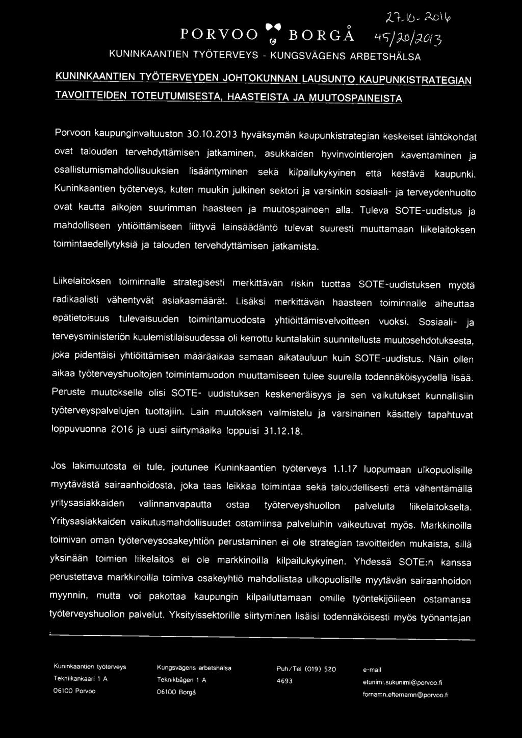 MUUTOSPAINEISTA Porvoon kaupunginvaltuuston 30.10.
