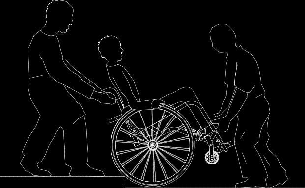 Kuvassa 6 esitetään toinen tapa ylittää askelma tai reunakiveys. Aja pyörätuoli selin askelman eteen. Yksi avustaja tarttuu pyörätuolin kädensijoihin, ja käyttäjä nojautuu hieman taaksepäin.