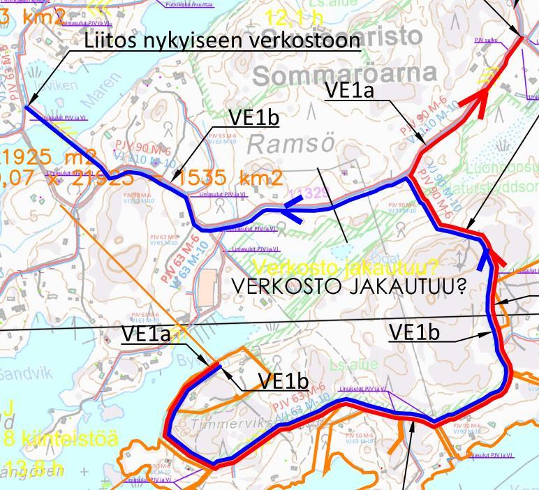 Kuva 4. Ote vesihuoltoverkoston kapasiteettitarkastelusta, linjausvaihtoehdot 1.