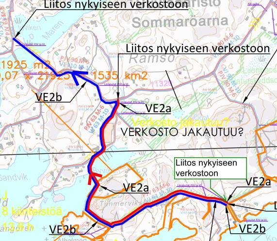 Kuva 5. Ote vesihuoltoverkoston kapasiteettitarkastelusta, linjausvaihtoehdot 2.