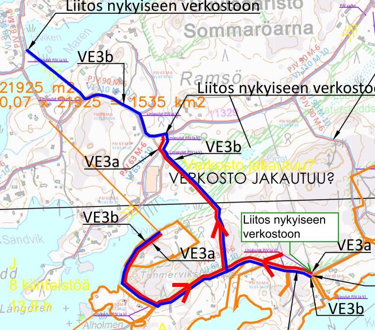 Kuva 6. Ote vesihuoltoverkoston kapasiteettitarkastelusta, linjausvaihtoehdot 3. 6.1.2 Energiahuolto Suunnittelualueelle ei esitetä toteutettavaksi kaukolämpöverkkoa.