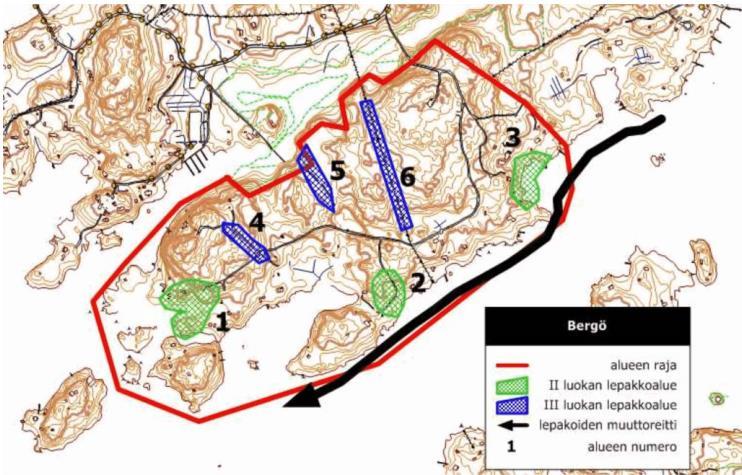 Kuva 15. Lepakoille tärkeät alueet Bergön alueella (Kuvaote: Enviro 2011).