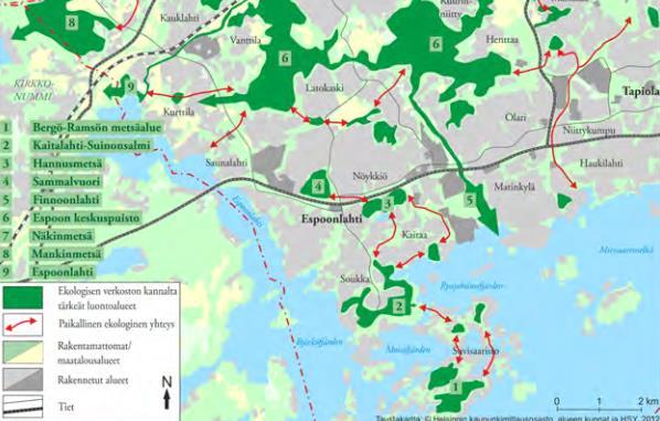 Kuva 18. Espoon paikallisesti tärkeimmät ekologiset yhteydet (Hirvisaari 2014).