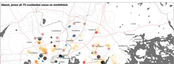 Kuva 29. Helsingin alueet, joissa on eniten yli 75-vuotiaita (punertava väri) sekä heidän kannaltaan kriittiset infrastruktuurit.