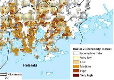 Kuva 30. Sosiaalinen haavoittuvuus helteille pääkaupunkiseudulla 114. Tummat värisävyt kuvaavat voimakasta haavoittuvuutta, vaaleat heikkoa.