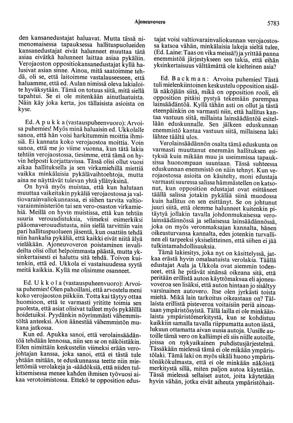 Ajoneuvovero 5783 den kansanedustajat haluavat. Mutta tässä nimenomaisessa tapauksessa hallituspuolueiden kansanedustajat eivät halunneet muuttaa tätä asiaa eivätkä halunneet laittaa asiaa pykäliin.
