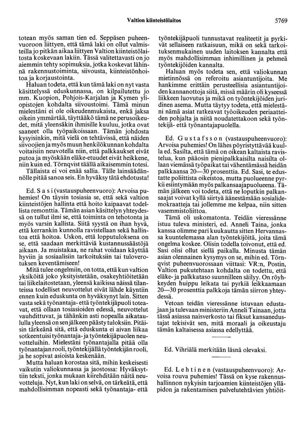 Valtion kiinteistölaitos 5769 totean myös saman tien ed. Seppäsen puheenvuoroon liittyen, että tämä laki on ollut valmisteilla jo pitkän aikaa liittyen Valtion kiinteistölaitosta koskevaan lakiin.