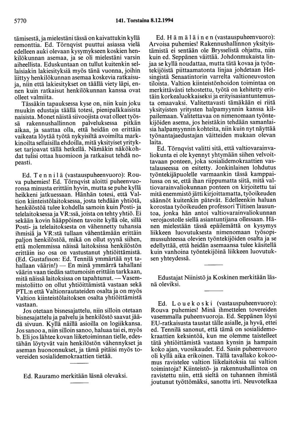 5770 141. Torstaina 8.12.1994 tämisestä,ja mielestäni tässä on kaivattukin kyllä remonttia. Ed.