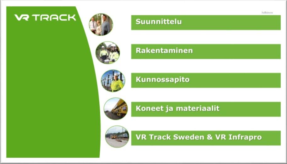 44 Kuva 15. VR Track Oy:n liiketoimintayksiköt. (VR Track intranet, 2017) VR Trackin liikevaihto oli vuonna 2016 noin 300 miljoonaa euroa.