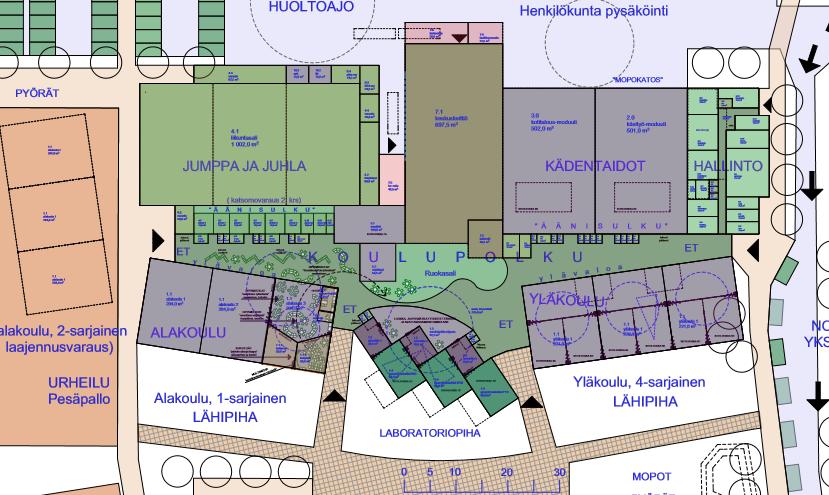 Suunnitelmissa varaudutaan alakoulun muuttamiseen kaksisarjaiseksi, jolloin oppilasmäärä on yhteensä 550 oppilasta. Yhtenäiskoulun yhteyteen suunnitellaan uutta keskuskeittiötä (kts sivu 5).